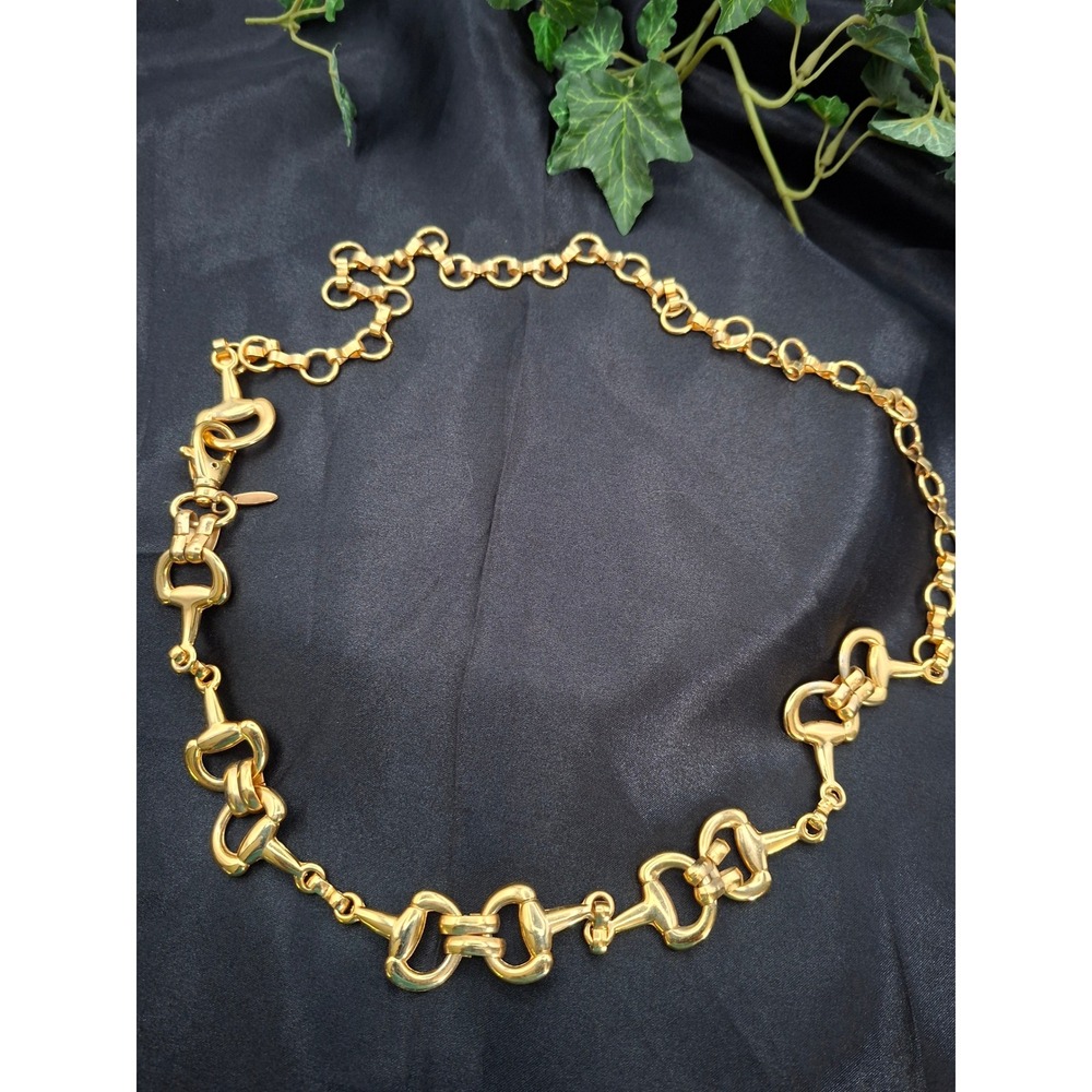 St John Gold Tone Horsebit Chain Belt Vintage Equestrian Logo Charm Adjustable